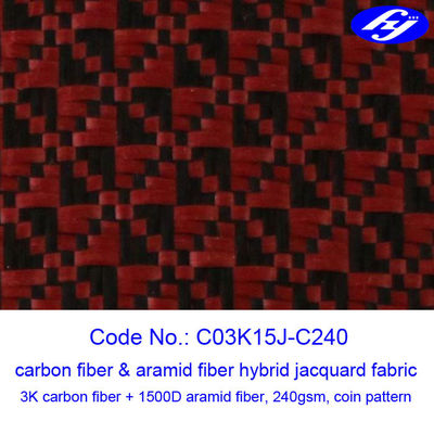 Jacquard Coin Pattern Carbon Aramid Fabric Black / Red Carbon Aramid Hybrid Fabric